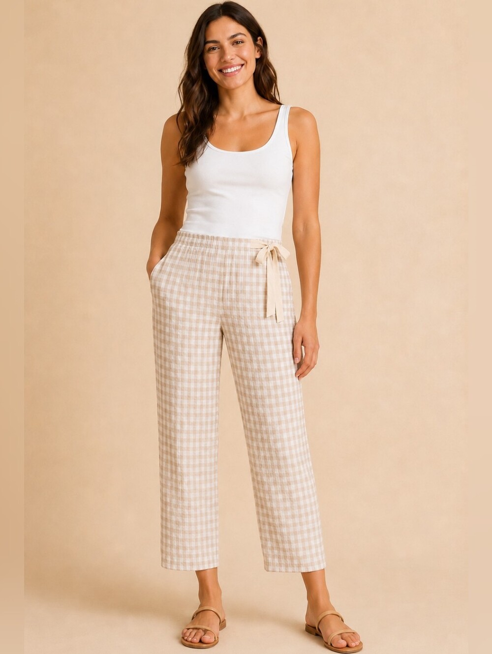 Big Waterblue Sky Linen Blend Gingham Tie Waist Pants Small NWT